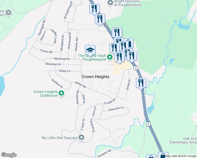 map of restaurants, bars, coffee shops, grocery stores, and more near 14 Marie Court in Poughkeepsie