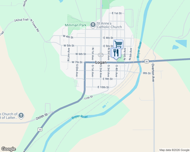 map of restaurants, bars, coffee shops, grocery stores, and more near 211 South 1st Avenue in Logan