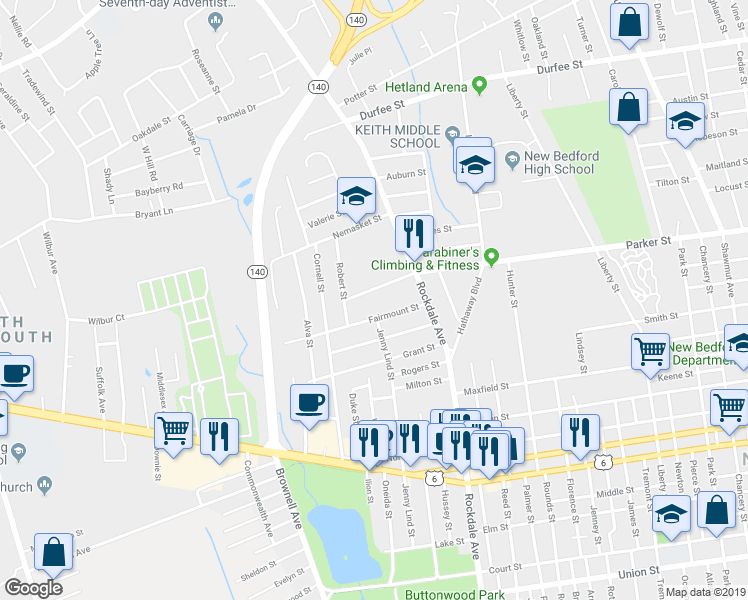 map of restaurants, bars, coffee shops, grocery stores, and more near 442 Parker Street in New Bedford