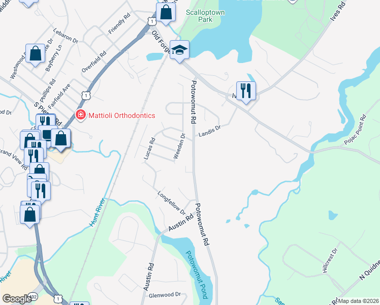 map of restaurants, bars, coffee shops, grocery stores, and more near 189 Potowomut Road in East Greenwich