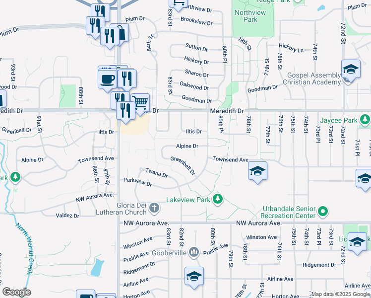 map of restaurants, bars, coffee shops, grocery stores, and more near 8112 Alpine Drive in Urbandale