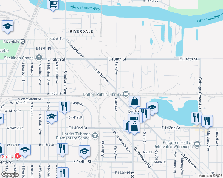 map of restaurants, bars, coffee shops, grocery stores, and more near 13948 Lincoln Ave in Dolton