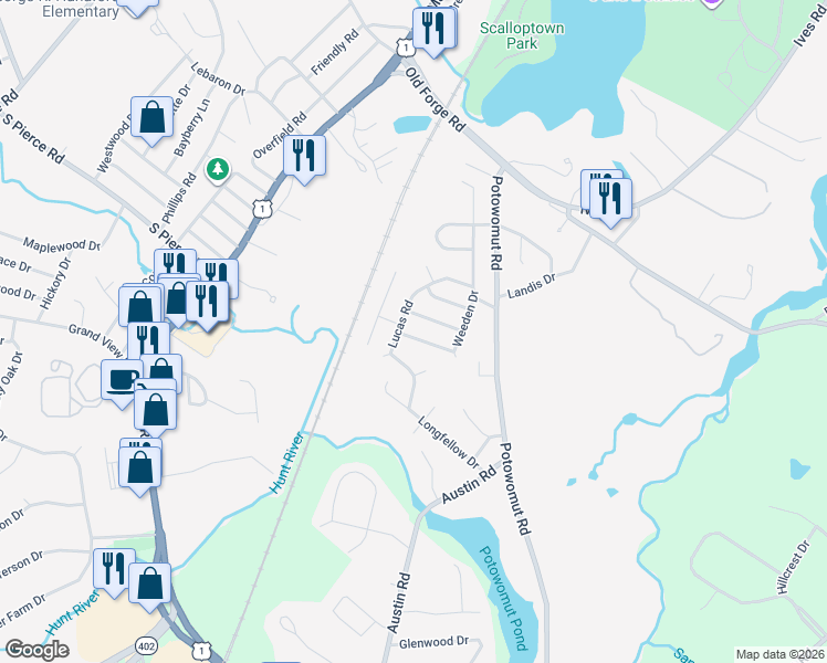 map of restaurants, bars, coffee shops, grocery stores, and more near 181 Weeden Drive in East Greenwich