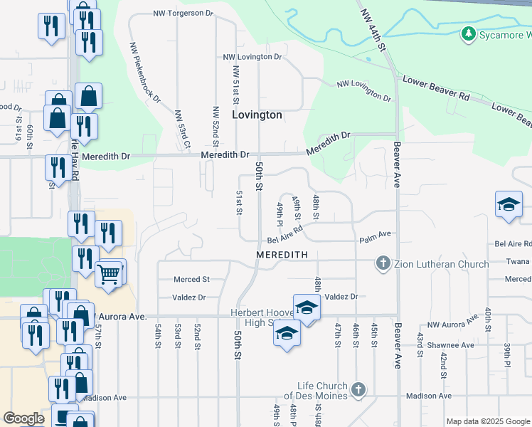 map of restaurants, bars, coffee shops, grocery stores, and more near 4528 49th Place in Des Moines