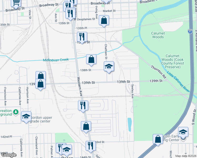 map of restaurants, bars, coffee shops, grocery stores, and more near 2248 West 139th Street in Blue Island