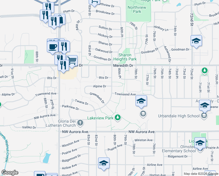 map of restaurants, bars, coffee shops, grocery stores, and more near 8002 Alpine Drive in Urbandale