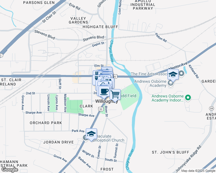 map of restaurants, bars, coffee shops, grocery stores, and more near 4061 Erie Street in Willoughby