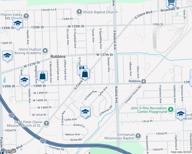 map of restaurants, bars, coffee shops, grocery stores, and more near 13823 Turner Avenue in Robbins