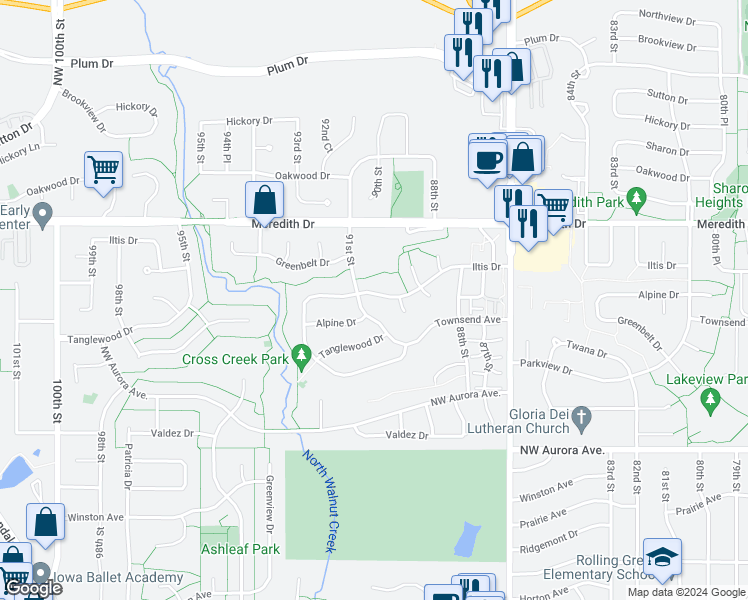 map of restaurants, bars, coffee shops, grocery stores, and more near 9020 Iltis Drive in Urbandale