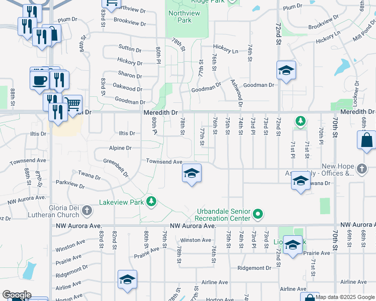 map of restaurants, bars, coffee shops, grocery stores, and more near 7800 Iltis Drive in Urbandale