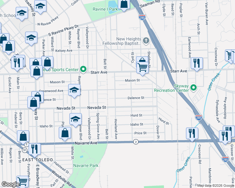 map of restaurants, bars, coffee shops, grocery stores, and more near 511 Howland Avenue in Toledo