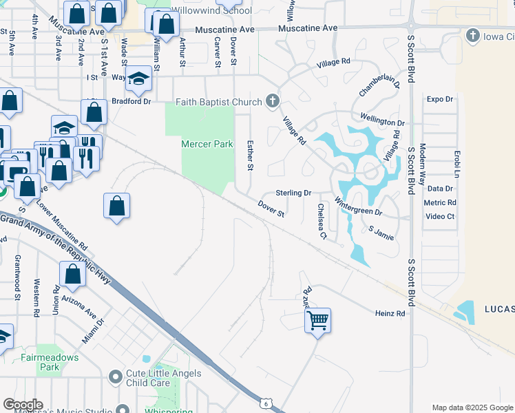 map of restaurants, bars, coffee shops, grocery stores, and more near 1721 Dover Street in Iowa City
