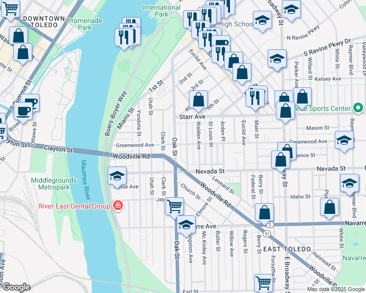 map of restaurants, bars, coffee shops, grocery stores, and more near 502 Potter Street in Toledo