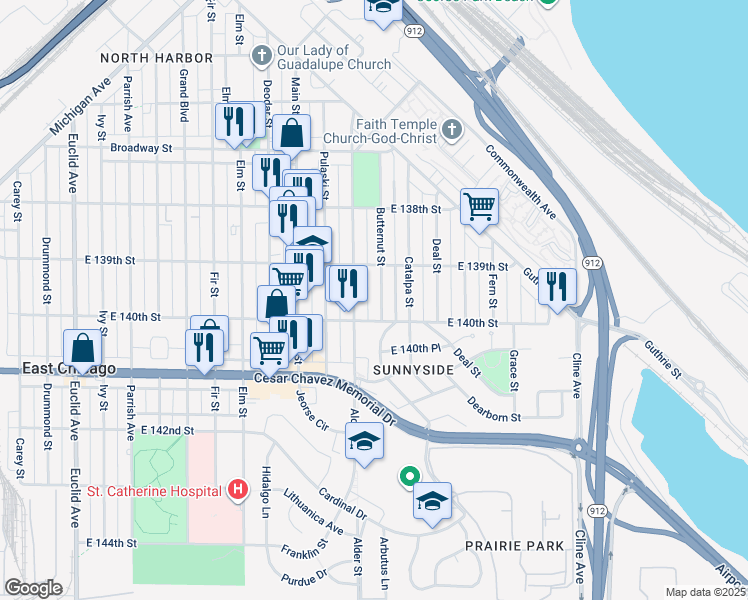 map of restaurants, bars, coffee shops, grocery stores, and more near 3923 Butternut Street in East Chicago