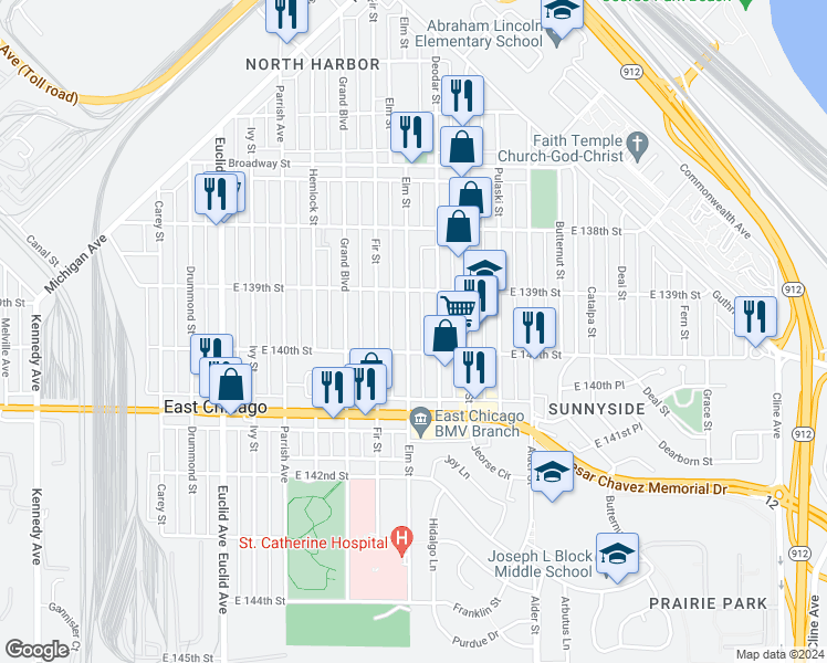 map of restaurants, bars, coffee shops, grocery stores, and more near 3921 Elm Street in East Chicago