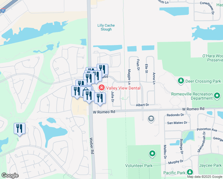 map of restaurants, bars, coffee shops, grocery stores, and more near 484 Julia Drive in Romeoville