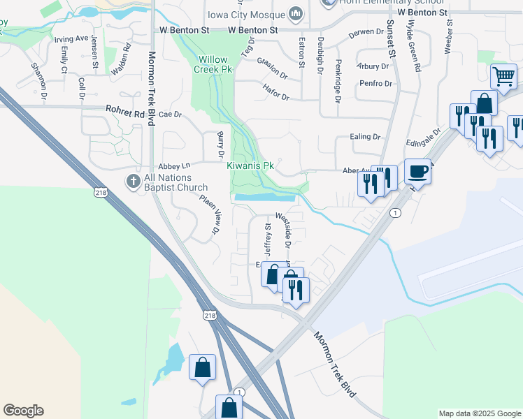 map of restaurants, bars, coffee shops, grocery stores, and more near 546 Westside Drive in Iowa City