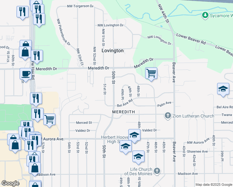 map of restaurants, bars, coffee shops, grocery stores, and more near 4528 49th Place in Des Moines