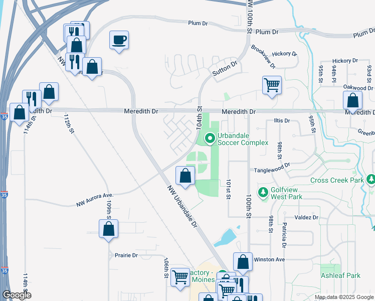 map of restaurants, bars, coffee shops, grocery stores, and more near 4416 104th Street in Urbandale