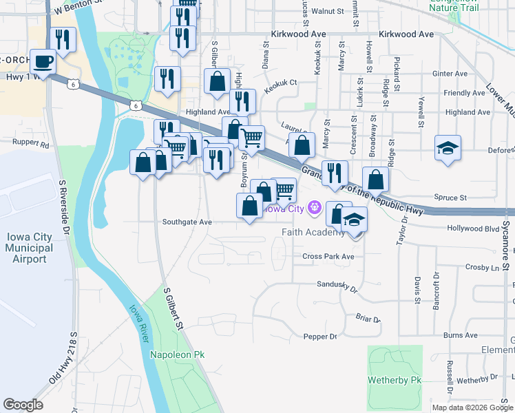 map of restaurants, bars, coffee shops, grocery stores, and more near 535 Olympic Court in Iowa City