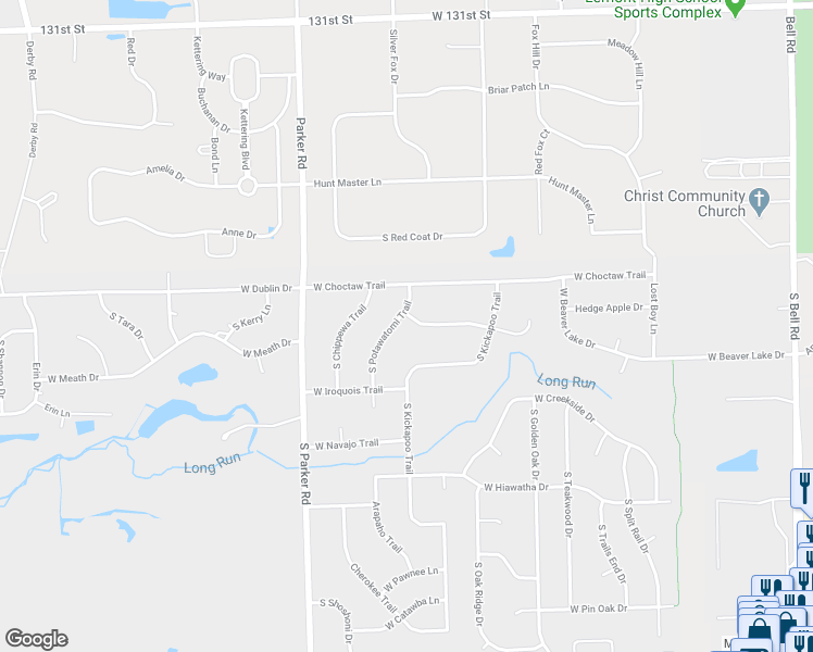 map of restaurants, bars, coffee shops, grocery stores, and more near 13609 South Potawatomi Trail in Lockport