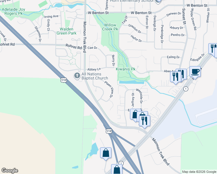 map of restaurants, bars, coffee shops, grocery stores, and more near 2131 Plaen View Dr in Iowa City