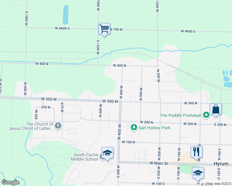 map of restaurants, bars, coffee shops, grocery stores, and more near 323 North 400 West in Hyrum