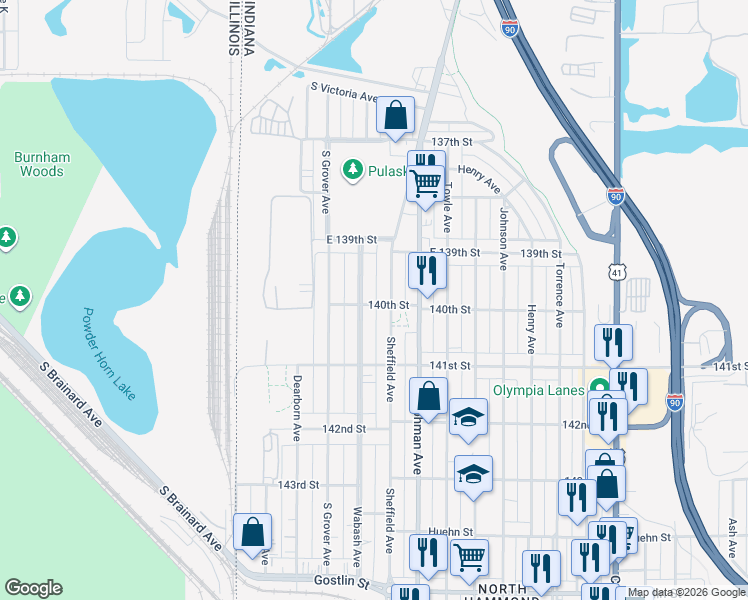 map of restaurants, bars, coffee shops, grocery stores, and more near 3957 140th Street in Hammond