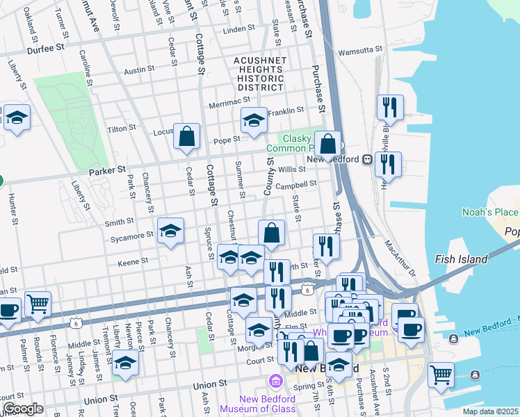 map of restaurants, bars, coffee shops, grocery stores, and more near 629 County Street in New Bedford