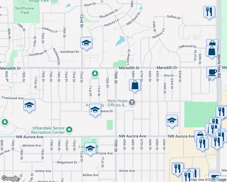 map of restaurants, bars, coffee shops, grocery stores, and more near 4420 70th Street in Urbandale