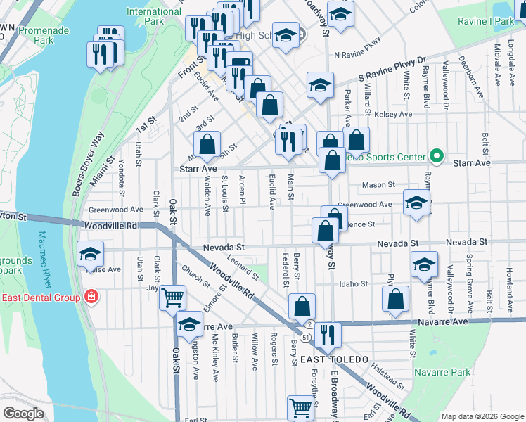 map of restaurants, bars, coffee shops, grocery stores, and more near 628 Greenwood Ave in Toledo