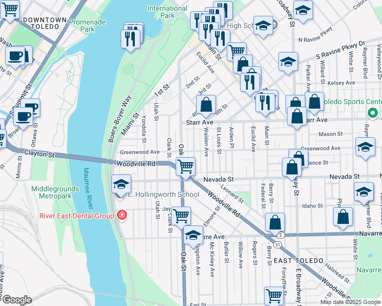 map of restaurants, bars, coffee shops, grocery stores, and more near 502 Potter Street in Toledo