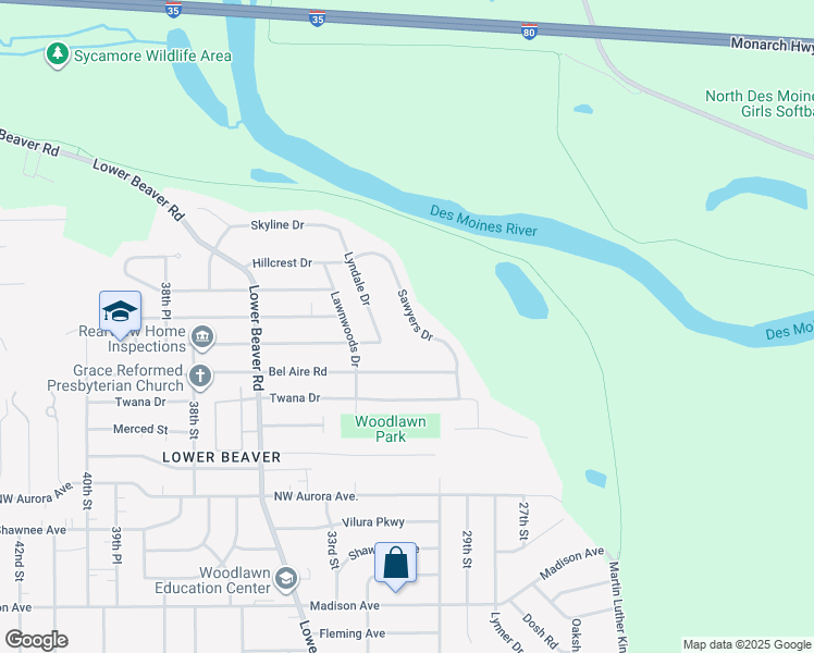 map of restaurants, bars, coffee shops, grocery stores, and more near 4808 Sawyers Drive in Des Moines