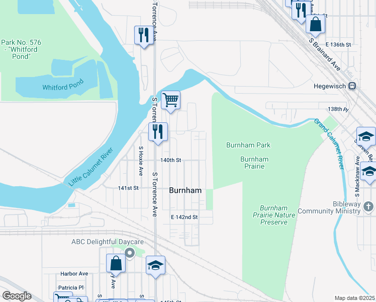 map of restaurants, bars, coffee shops, grocery stores, and more near 13943 South Marquette Avenue in Burnham