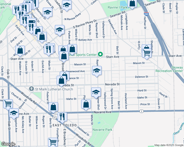 map of restaurants, bars, coffee shops, grocery stores, and more near 507 White Street in Toledo