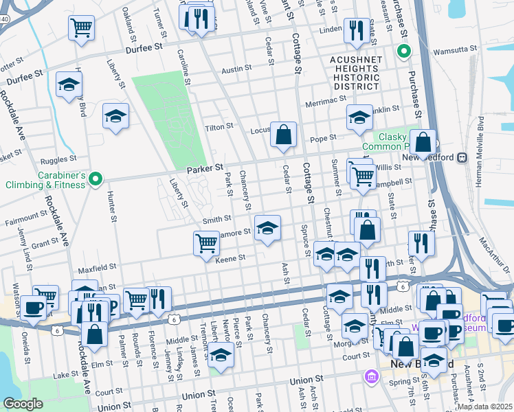 map of restaurants, bars, coffee shops, grocery stores, and more near 195 Smith Street in New Bedford