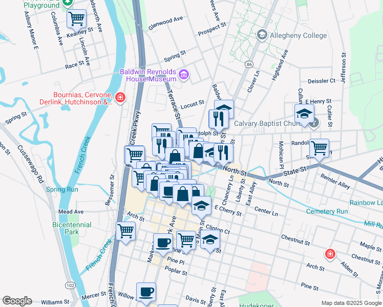 map of restaurants, bars, coffee shops, grocery stores, and more near in Meadville
