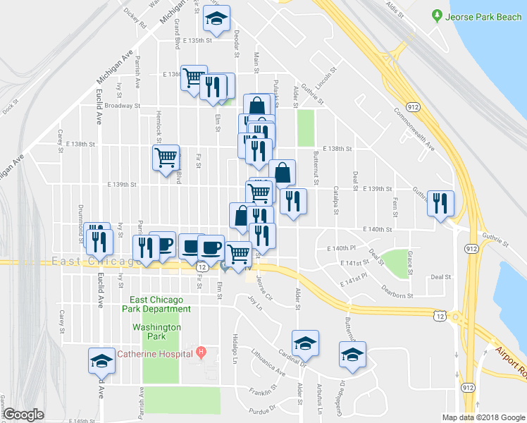 map of restaurants, bars, coffee shops, grocery stores, and more near 3925 Main Street in East Chicago