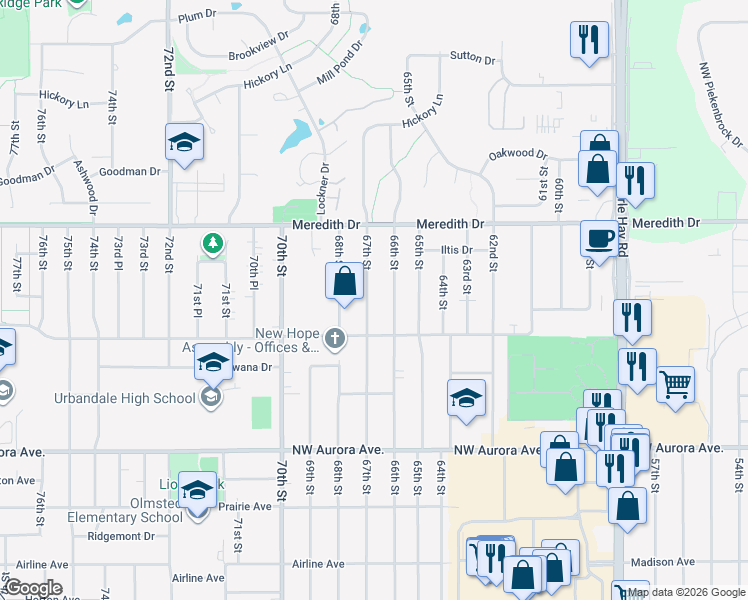 map of restaurants, bars, coffee shops, grocery stores, and more near 4411 67th Street in Urbandale