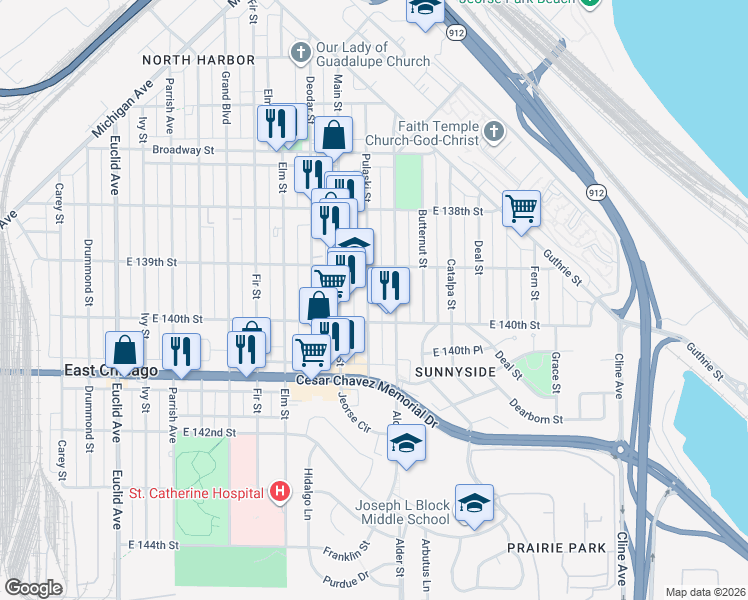 map of restaurants, bars, coffee shops, grocery stores, and more near 3925 Pulaski Street in East Chicago