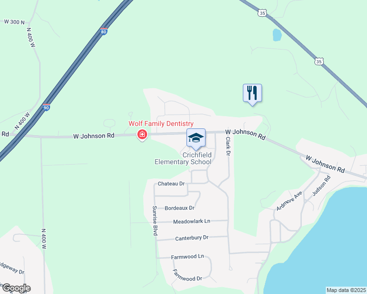 map of restaurants, bars, coffee shops, grocery stores, and more near 336 West Johnson Road in La Porte