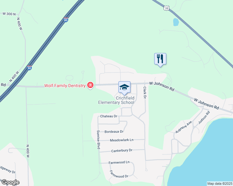 map of restaurants, bars, coffee shops, grocery stores, and more near 336 West Johnson Road in La Porte