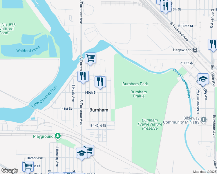 map of restaurants, bars, coffee shops, grocery stores, and more near 13921 South Manistee Avenue in Chicago