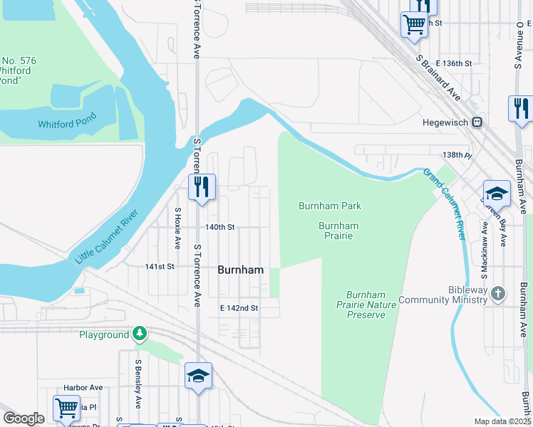 map of restaurants, bars, coffee shops, grocery stores, and more near 13921 South Manistee Avenue in Chicago
