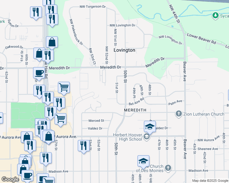 map of restaurants, bars, coffee shops, grocery stores, and more near 4520 51st Street in Des Moines