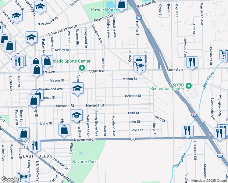 map of restaurants, bars, coffee shops, grocery stores, and more near 511 Howland Avenue in Toledo