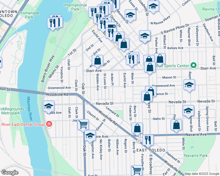 map of restaurants, bars, coffee shops, grocery stores, and more near 548 Greenwood Avenue in Toledo