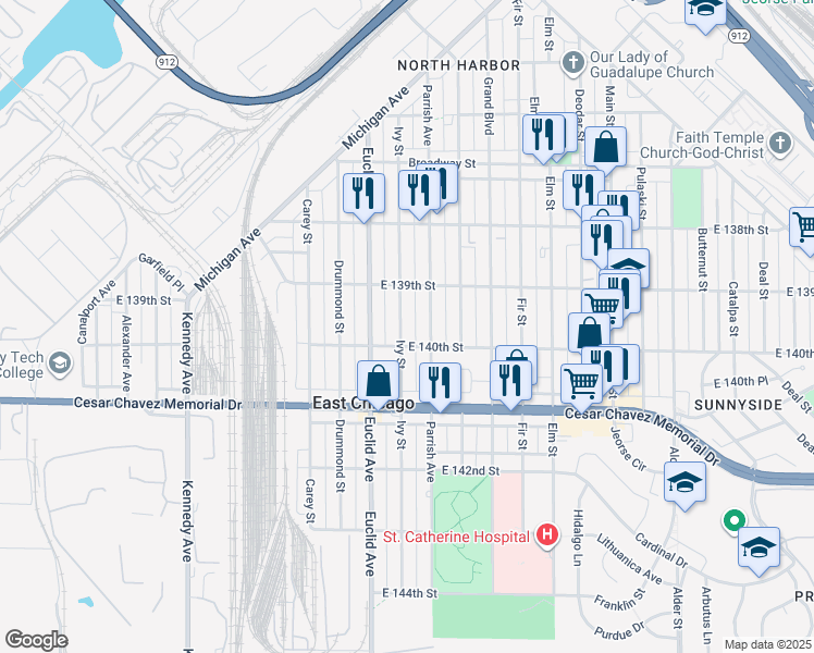 map of restaurants, bars, coffee shops, grocery stores, and more near 3927 Ivy Street in East Chicago