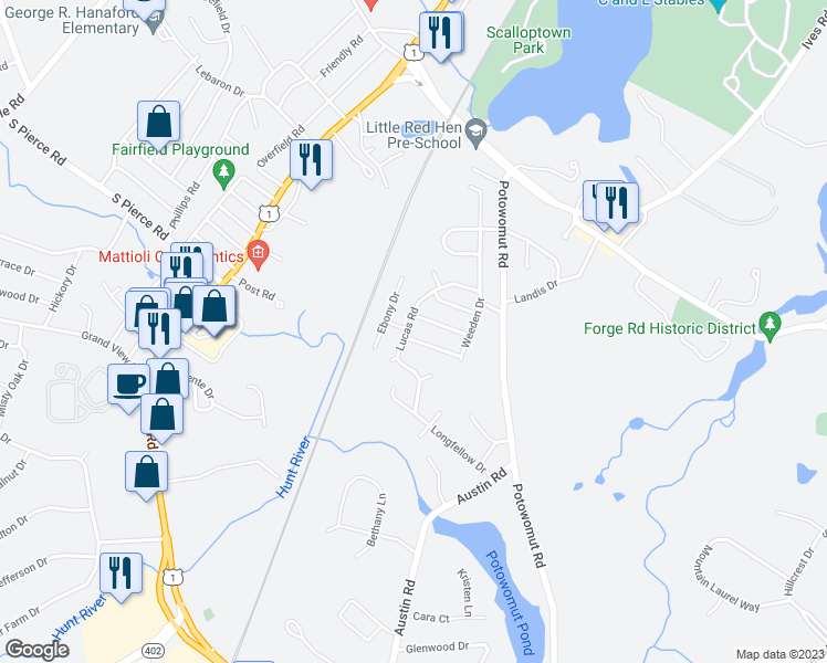 map of restaurants, bars, coffee shops, grocery stores, and more near 189 Weeden Drive in East Greenwich