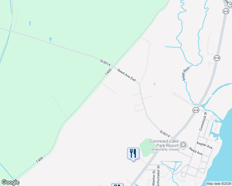 map of restaurants, bars, coffee shops, grocery stores, and more near 12864 Moro Lane in Conneaut Lake